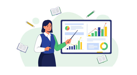 Businesswoman Giving Presentation With Charts and Graphs Depicting Data Analysis Results