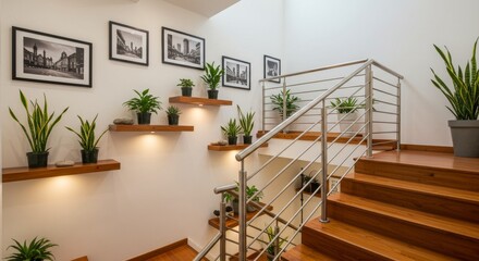 Wooden Staircase with Floating Shelves, Green Plants, and Framed Cityscape Photography under Warm Ambient Lighting