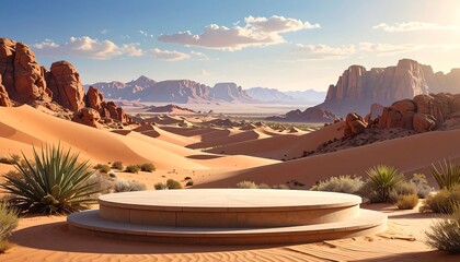 A spacious, light-filled desert vista with a circular stone platform for an event or ceremony.