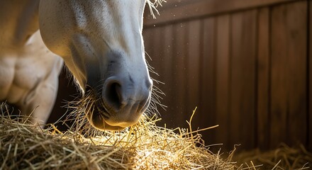 A Pale Horse Eating Hay in a Barn Stall.