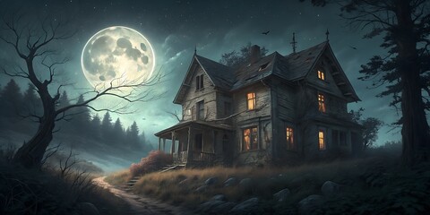 A haunted house on a hill under a full moon.