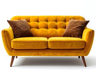 Elegant mustard-colored velvet sofa featuring button-tufted back and brown cushions