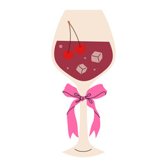 Refreshing drink with cherries and ice in a decorative glass with a pink ribbon for a summer party celebration