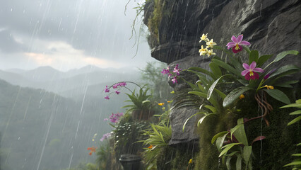 Rainy Orchid Cliff Garden – Wild orchids blooming on a vertical wet rock face.