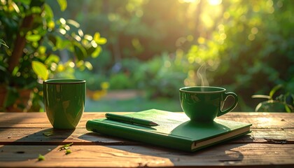 Serene Morning Scene: Coffee, Notepad and Pen on Wood Table outdoors
