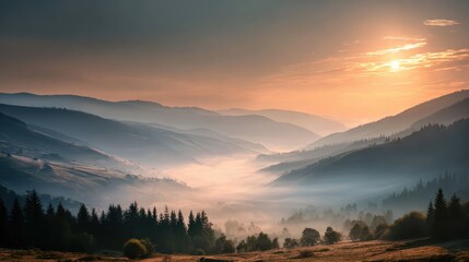 Fototapeta premium Serene Early Morning Light Over Misty Mountain Landscape at Sunrise