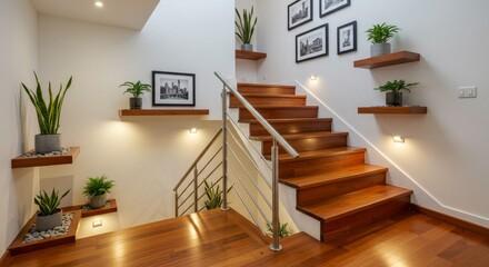 Obraz premium Wooden Staircase with Floating Shelves, Green Plants, and Framed Cityscape Photography under Warm Ambient Lighting