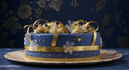 Elegant AI-Generated 3D Photo of a Festive Blue and Gold Christmas Cake