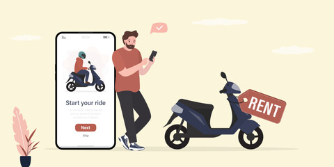 Bike, moped for rent, male customer uses mobile phone for renting and payment motorcycle. App for renting scooter. Urban transport. Online service, modern technologies.