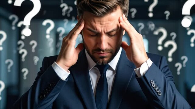 Businessman Deep in Thought Amidst Question Marks, Contemplating Choices
