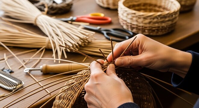 Close-up view of hands weaving a basket with crafting materials present