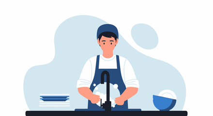 Cartoon illustration of a person washing dishes in a sink with soap and water