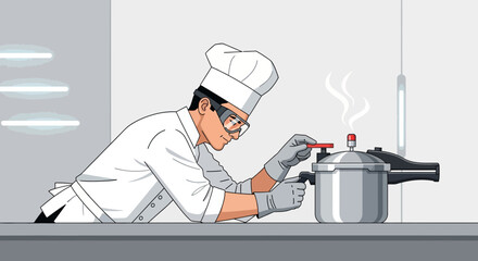 Chef Using a Pressure Cooker Preparing Food Illustrated in a Modern Minimalist Style