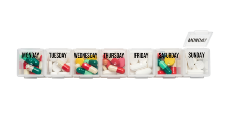 Pill organizer with daily compartments isolated on transparent background