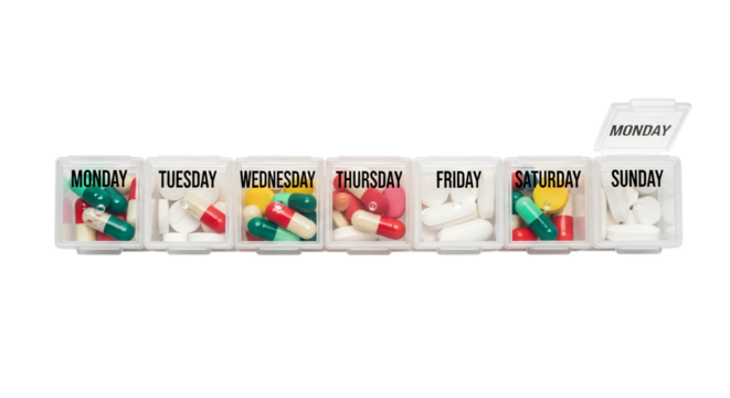 Pill organizer with daily compartments isolated on transparent background