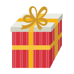 Cartoon flat style red striped gift box tied with yellow ribbon and bow.
