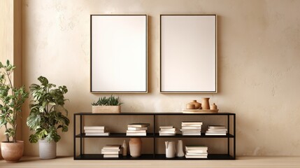Minimalist Interior Design with Two Blank Frames Above Console Table for Mockup Display