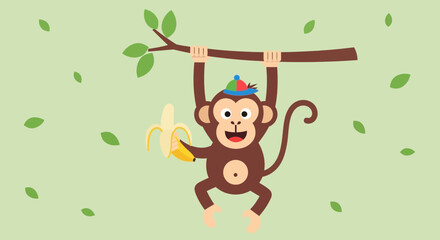Naklejka premium Cartoon Monkey Swinging on A Tree Branch and Holding A Banana For Fun and Play