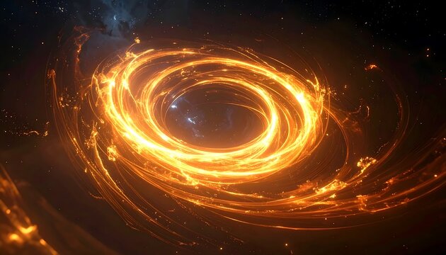A cosmic, glowing vortex dominates a dark, starry background, with swirling fiery energy and a central point