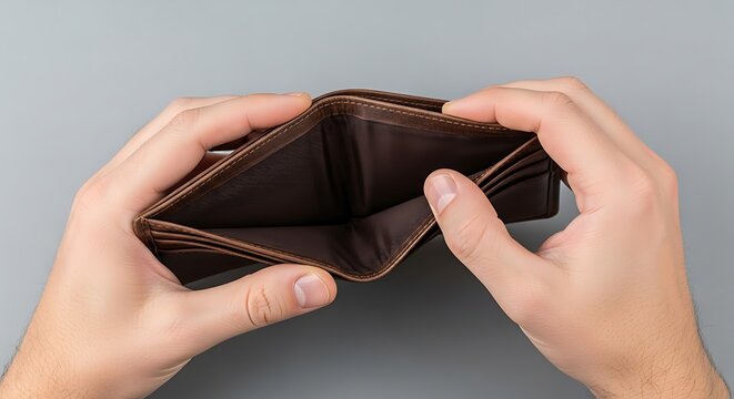 Empty wallet held open by hands, showing financial hardship and lack of money.