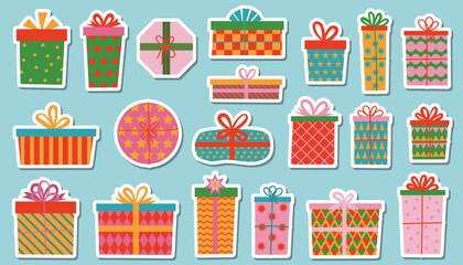 Cartoon flat style set of stickers with gift boxes in colorful wrapping tied with ribbons and bows.