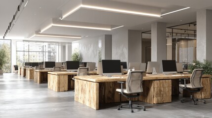 Modern Open Office Interior with Wooden Desks, Comfortable Chairs, and Contemporary Lighting Design