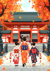 Beautiful Momiji postcard with vibrant red maple leaves and golden ginkgo, traditional Japanese autumn design