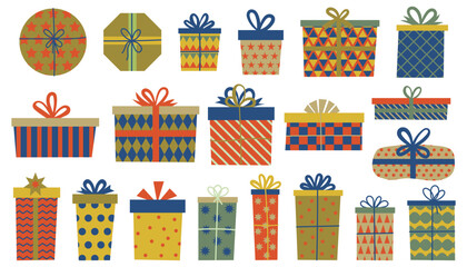 Colorful cartoon flat illustration of gift boxes in wrapping with ribbons and bows.