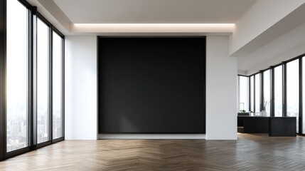 Obraz premium Modern Minimalist Interior with Black Wall and Large Windows, Ideal for Art Display or Mockup