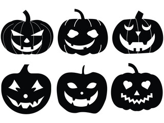 Black pumpkins set for Halloween. Simple vector pumpkins with smile.
