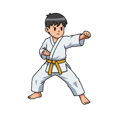 a child wearing a white karate uniform (gi) with a yellow belt, in a low stance with a focused expression, performing a straight punch