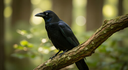 Fototapeta premium Raven Perched on Branch in Sun-Dappled Forest