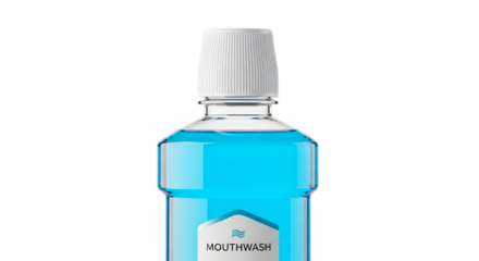 Blue mouthwash in a clear plastic bottle isolated on transparent background