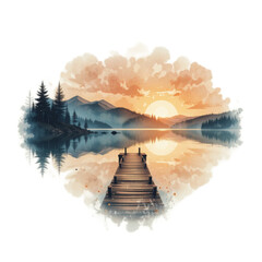 Serene Sunset Over Calm Lake with Wooden Dock and Silhouetted Pine Trees in Tranquil Natural Landscape