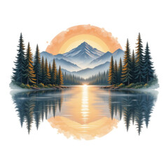 Serene Mountain Landscape at Sunrise with Reflections on a Calm Lake Surrounded by Evergreen Trees and Scenic Mountains