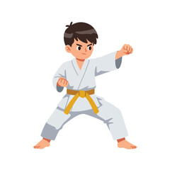 a child wearing a white karate uniform (gi) with a yellow belt, in a low stance with a focused expression, performing a straight punch