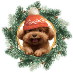 Hand-drawn illustration of an adorable fluffy brown dog in a red winter hat, peeking from a festive pine wreath with cones