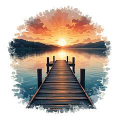 Serene Sunset Over Calm Lake with Wooden Pier and Reflective Water Surface in a Scenic Nature Setting