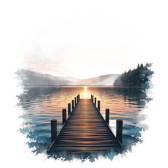 Serene Sunset Over Tranquil Lake with Wooden Dock Surrounded by Lush Green Forest and Vibrant Colorful Sky