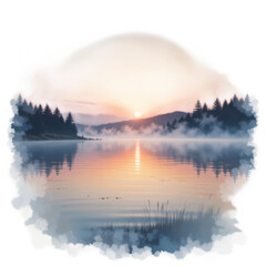 Breathtaking Sunrise Over Tranquil Lake Surrounded by Majestic Trees and Misty Mountains in a Serene Natural Landscape