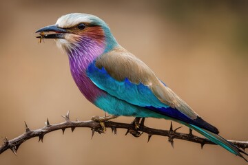 Obraz premium Vibrant bird perched on thorny branch, catching insects against a blurred natural backdrop