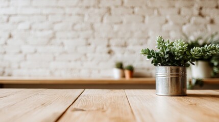 Plant in a Metal Pot on a Wooden Table with a White Brick Wall Background