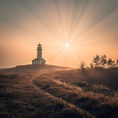 Lighthouse on a grassy hill at sunrise with sunbeams and fog mist Full HD 4K Video Download 2025 2026