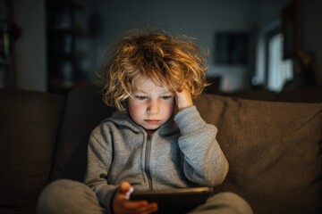 Young boy looking frustrated while using smartphone