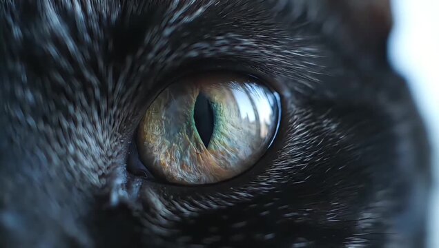 A captivating macro view into the soul of a feline, revealing the stunning intricate details and beautiful colors of a black cat's eye