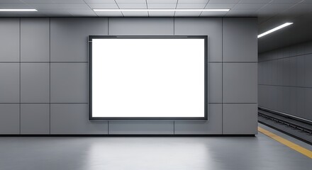A blank advertising billboard is mounted on a tiled wall in a subway station, ready for a poster.