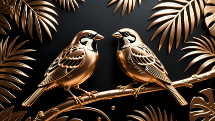 Two sparrows sitting on a branch, wall decor 