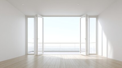 Obraz premium Bright, Minimalist Interior with Balcony Access and Natural Light in a Spacious, Modern Home