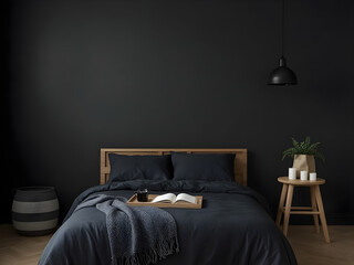 A minimalist bedroom featuring dark walls, a wooden bed frame, black bedding, and simple decor with a plant and candles.