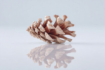 pine cone rests gracefully on pure white background reflecting perfectly in still body of water